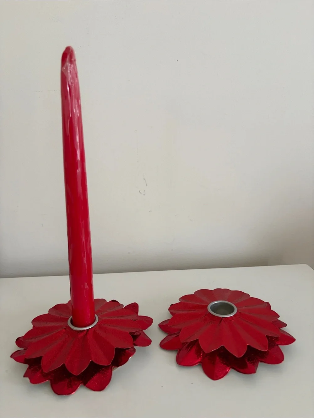 Vintage 1950’s Red Poinsettia Foil Candle Holders Duo